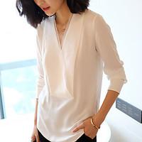 womens casualdaily simple shirt solid v neck long sleeve polyester