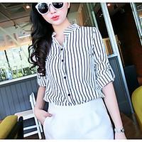 Women\'s Going out Casual/Daily Vintage Street chic Shirt, Solid Striped Shirt Collar Long Sleeve Cotton