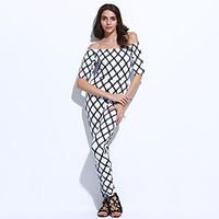 womens print slim off the shoulder jumpsuits sexy simple boat neck len ...