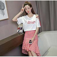 Women\'s Going out Casual/Daily Simple Summer T-shirt Skirt Suits, Solid Letter Round Neck Short Sleeve