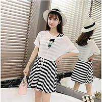 Women\'s Going out Vintage Summer Blouse Dress Suits, Striped Round Neck Short Sleeve Patchwork Micro-elastic