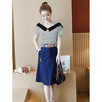 Women\'s Casual/Daily Street chic Spring T-shirt Skirt Suits, Solid Round Neck Short Sleeve Denim