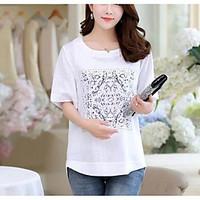 Women\'s Going out / Casual/Daily Simple / Cute Summer T-shirt, Solid / Print Round Neck Short Sleeve Blue / White Polyester Medium