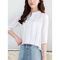 womens casualdaily simple spring shirt striped stand sleeve cotton lin ...