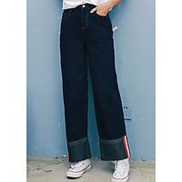 Women\'s Mid Rise Micro-elastic Wide Leg Jeans Pants, Simple Wide Leg Solid