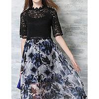 Women\'s Going out Cute Lace Dress, Floral Crew Neck Midi ½ Length Sleeve Polyester Summer Mid Rise Micro-elastic Medium