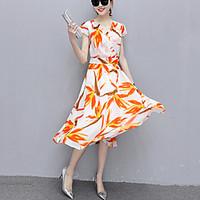 Women\'s Going out Beach Boho Street chic Slim Thin Chiffon Swing Dress Pleated Print V Neck Midi Short Sleeve Polyester Summer