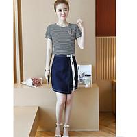 Women\'s Casual/Daily Street chic Spring Summer T-shirt Skirt Suits, Solid Round Neck Short Sleeve Denim