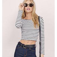 Women\'s Casual/Daily Simple Spring Summer T-shirt, Striped Round Neck Long Sleeve Polyester Medium