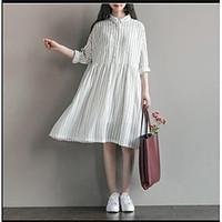 Women\'s Going out Casual/Daily Holiday A Line Loose Dress, Solid Striped Square Neck Knee-length Long Sleeve Cotton Summer Mid Rise