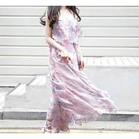 Women\'s Beach Holiday Loose Dress, Floral Strap Maxi Sleeveless Silk Summer Mid Rise Inelastic Thin