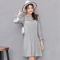 Women\'s Casual/Daily Chiffon Dress, Solid Stand Knee-length Long Sleeve Stretch Chiffon Summer Mid Rise Micro-elastic Thin