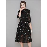 Women\'s Casual/Daily A Line Chiffon Dress, Print Stand Midi Long Sleeve Polyester Summer High Rise Micro-elastic Thin