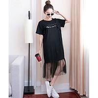Women\'s Casual/Daily Shift T Shirt Dress, Print Color Block Round Neck Midi Short Sleeve Cotton Summer Mid Rise Micro-elastic Thin