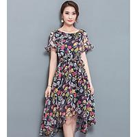 Women\'s Casual/Daily Chiffon Dress, Print Round Neck Knee-length Short Sleeve Polyester Summer High Rise Micro-elastic Thin