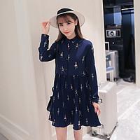 Women\'s Casual/Daily A Line Chiffon Dress, Print Shirt Collar Above Knee Long Sleeve Polyester Summer High Rise Micro-elastic Thin