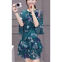 Women\'s Casual/Daily A Line Chiffon Dress, Floral Round Neck Above Knee ¾ Sleeve Polyester Summer High Rise Micro-elastic Thin