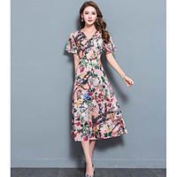 womens casualdaily swing dress floral print v neck midi length sleeve  ...