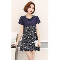Women\'s Casual/Daily A Line Dress, Print Color Block Round Neck Above Knee Short Sleeve Cotton Summer High Rise Micro-elastic Thin