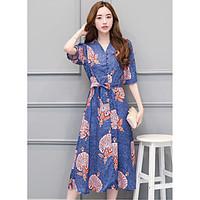 Women\'s Casual/Daily Swing Dress, Floral V Neck Midi ½ Length Sleeve Cotton Polyester Summer High Rise Micro-elastic Thin