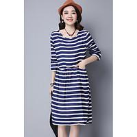 Women\'s Casual/Daily A Line Dress, Striped Round Neck Knee-length ¾ Sleeve Cotton Summer High Rise Micro-elastic Thin