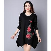 Women\'s Casual/Daily A Line Dress, Embroidered Round Neck Above Knee Long Sleeve Cotton Linen Summer High Rise Micro-elastic Thin