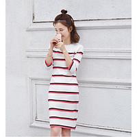 Women\'s Casual/Daily Sheath Dress, Color Block Round Neck Knee-length ½ Length Sleeve Polyester Spring Summer Mid Rise Micro-elastic Thin