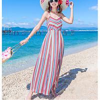 Women\'s Casual/Daily Beach Simple Swing Dress, Striped Color Block V Neck Maxi Sleeveless Cotton Summer High Rise Micro-elastic Thin