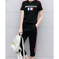 Women\'s Casual/Daily Sports Simple Active Summer T-shirt Pant Suits, Letter Round Neck Short Sleeve Micro-elastic