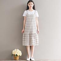 Women\'s Casual/Daily Cute Loose Dress, Plaid Round Neck Midi Short Sleeve Cotton Summer High Rise Micro-elastic Medium