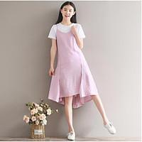 Women\'s Casual/Daily Cute Loose Dress, Solid Round Neck Knee-length Short Sleeve Linen Summer Mid Rise Micro-elastic Thin