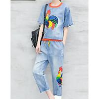 Women\'s Casual/Daily Simple T-shirt Pant Suits, Print Round Neck Short Sleeve Micro-elastic