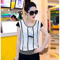 Women\'s Going out Casual/Daily Simple Street chic T-shirt Pant Suits, Striped Round Neck Short Sleeve Micro-elastic