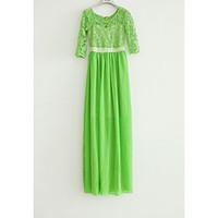 Women\'s Beach Swing Dress, Floral Round Neck Maxi ½ Length Sleeve Polyester Summer High Rise Micro-elastic Medium