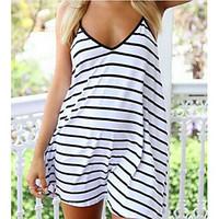 Women\'s Casual/Daily Chiffon Dress, Striped V Neck Above Knee Sleeveless Cotton Spring Mid Rise Micro-elastic Medium