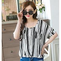 Women\'s Casual/Daily Simple Summer T-shirt, Striped Round Neck Short Sleeve Cotton Thin