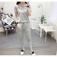 Women\'s Going out Casual/Daily Sports Vintage Cute Street chic T-shirt Pant Suits, Solid Print Round Neck Short Sleeve