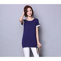 Women\'s Casual/Daily Vintage T-shirt, Color Block Round Neck Short Sleeve Cotton