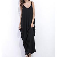 Women\'s Going out Casual/Daily Sexy Loose Dress, Solid Deep V Knee-length Sleeveless Silk Summer High Rise Micro-elastic Thin