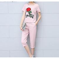 Women\'s Going out Casual/Daily Vintage Street chic Summer T-shirt Pant Suits, Floral Round Neck Short Sleeve Micro-elastic