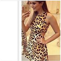 Women\'s Casual/Daily Party Bodycon Dress, Leopard Round Neck Above Knee Sleeveless Silk Faux Fur Rayon Summer Mid Rise Micro-elastic Thin