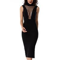 Women\'s Going out Work Sexy Simple Bodycon Sheath Dress Sleeveless Backless Cross Grid Cotton Summer Fall High Rise Black