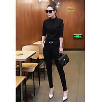 womens work simple shirt pant suits solid stand long sleeve micro elas ...