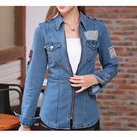 Women\'s Casual/Daily Simple Spring Denim Jacket, Solid Shirt Collar Long Sleeve Regular Cotton
