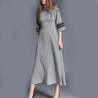 Women\'s Casual/Daily Simple Sheath Dress, Striped Round Neck Maxi ¾ Sleeve Gray Linen Fall / Winter High Rise Stretchy Medium