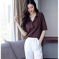 womens casual simple summer shirt solid stand short sleeve cotton thin