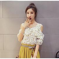 womens daily cute blouse floral round neck short sleeve polyester