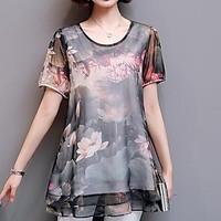 womens casual simple summer blouse print round neck short sleeve cotto ...