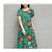 Women\'s Going out Holiday Simple A Line Dress, Floral Boat Neck Midi Short Sleeve Polyester Summer Mid Rise Micro-elastic Thin