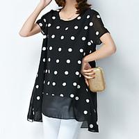 Women\'s Plus Size Casual/Daily Work Vintage Simple Sophisticated Summer Blouse, Polka Dot Round Neck Short Sleeve Black Polyester